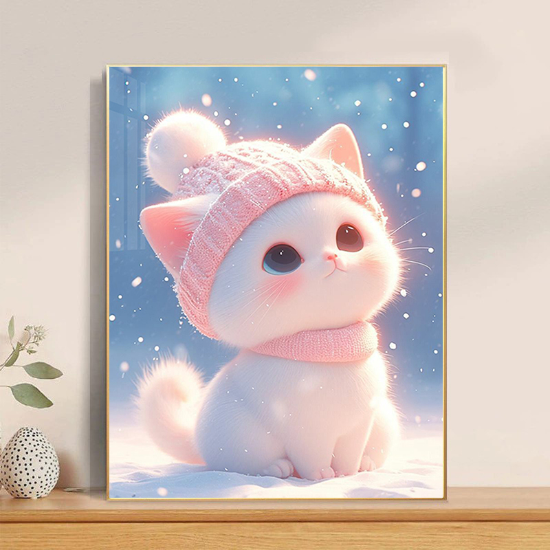钻石画2025新款小幅雪地猫咪钻石画手工卧室贴画点贴钻十字绣满钻