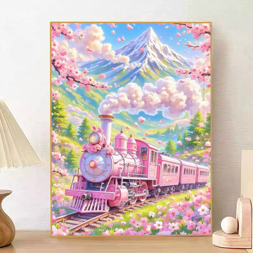 高颜值治愈系粉色樱花列车钻石画
