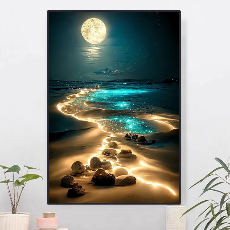海边月光沙滩夜晚风景手工钻石画