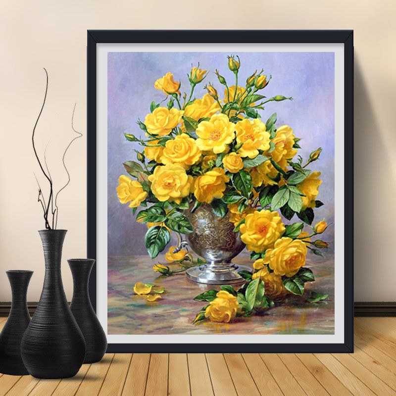 黄玫瑰花卉5d钻石画高级餐厅满钻