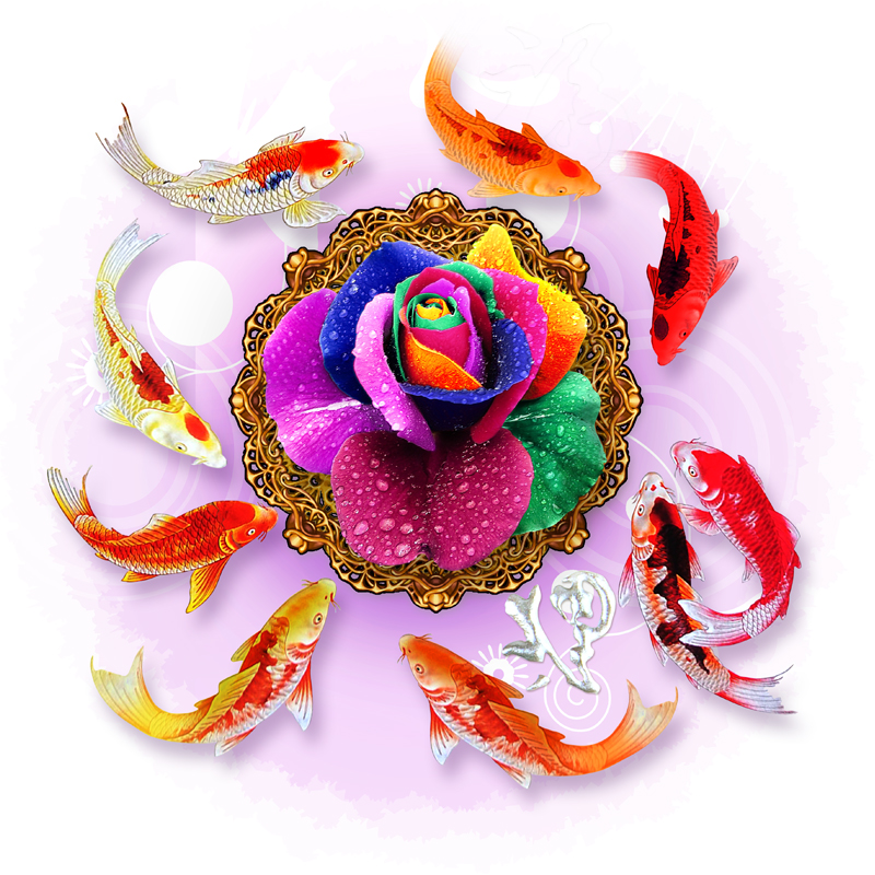 荷花九鱼图钻石画三联画现代简约