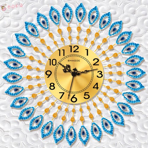 孔雀钟表5d钻石画异形钻时钟客厅