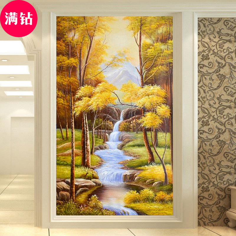 新款欧式流水生财钻石画风景2025玄关客厅贴钻十字绣现代简约满钻