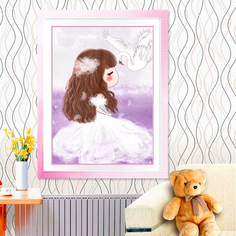 新款卡通可爱天鹅公主钻石画动漫少女贴钻十字绣儿童卧室小幅满钻