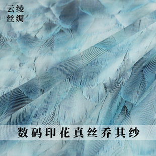云绫真丝乔其纱蓝色抽象羽毛印花桑蚕丝绸女服装连衣裙布料面料