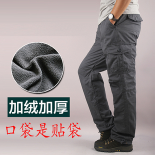 冬季加绒工装裤男宽松加厚潮牌大码直筒多口袋保暖户外运动休闲裤