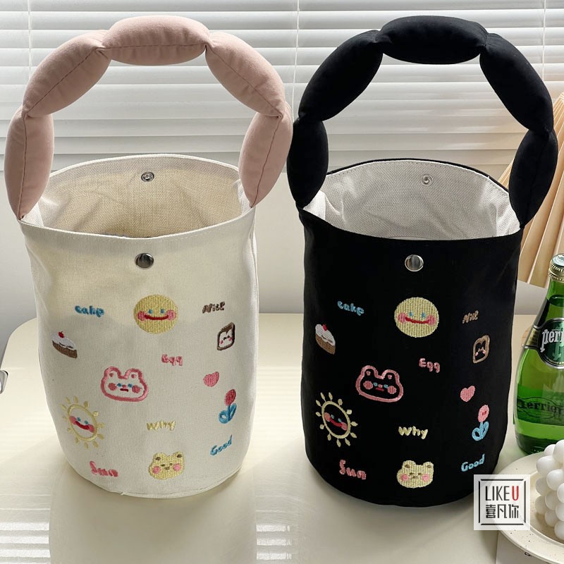 喜凡你ins帆布刺绣小容量水桶包