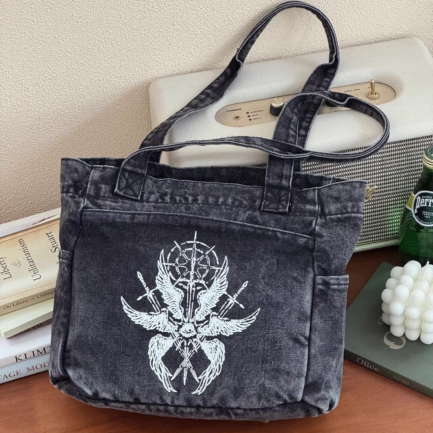 美式复古涂鸦印花牛仔单肩帆布托特包小众设计日常百搭通勤腋下包