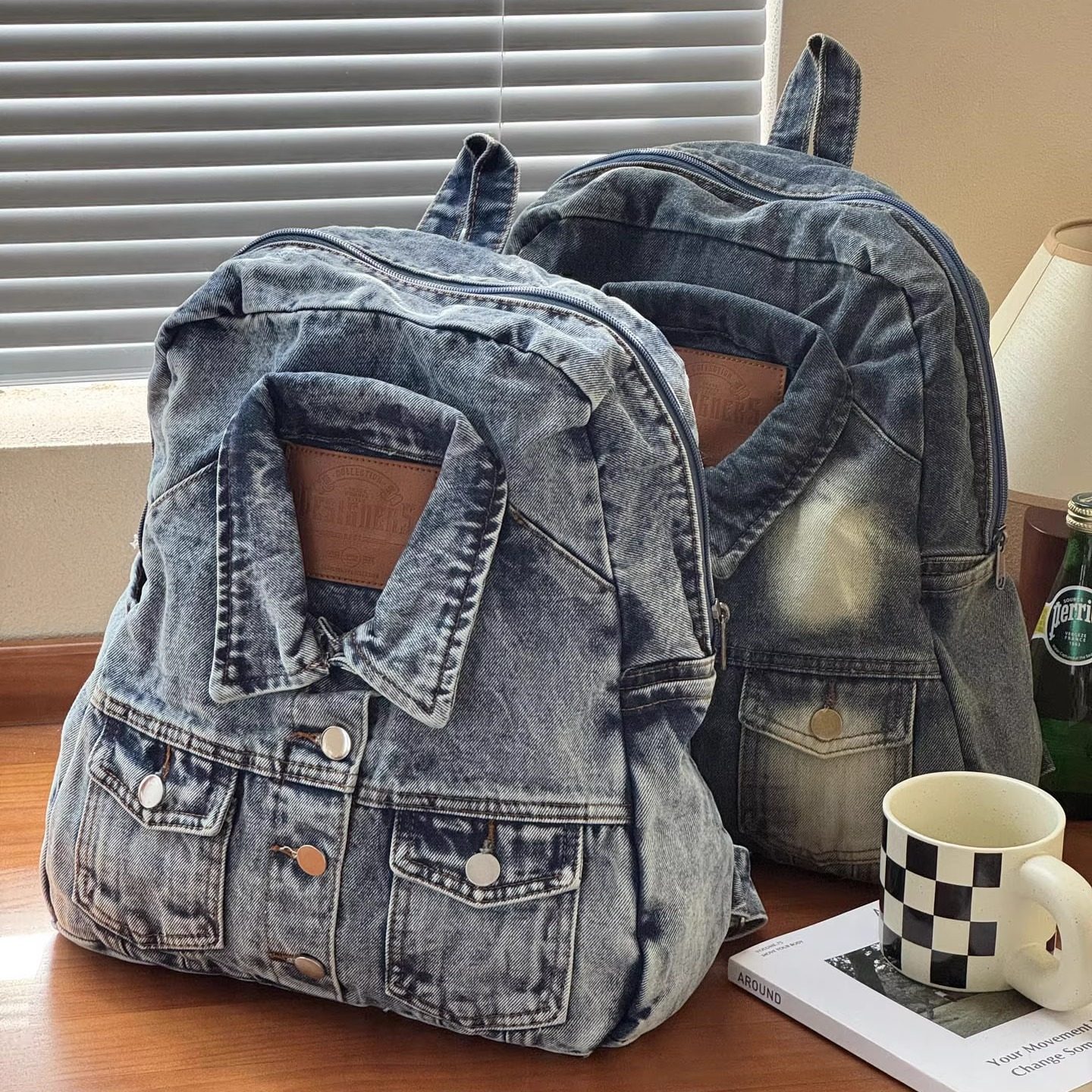 原创小众设计感复古水洗牛仔双肩背包多口袋潮酷日常通勤学生书包