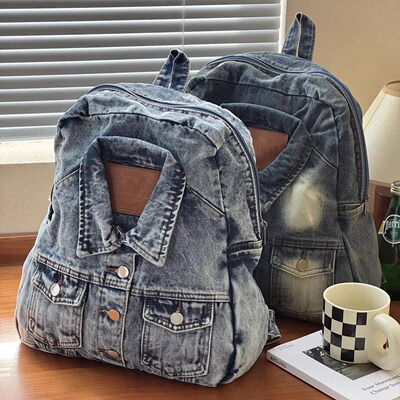 喜凡你复古小众设计感牛仔双肩包