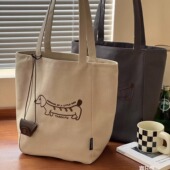 韩版 日常卡通刺绣腊肠狗帆布单肩包袋文艺休闲百搭学生通勤托特包