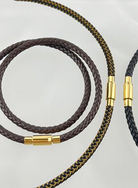 5MM皮绳钢丝双圈手绳挂绳粗款XL锁骨绳金色按式扣串珠颈绳项链绳