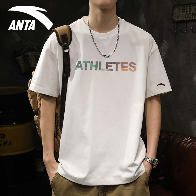 安踏夏季短袖男韩版字母款印花ins潮流圆领宽松休闲白色半袖t恤男