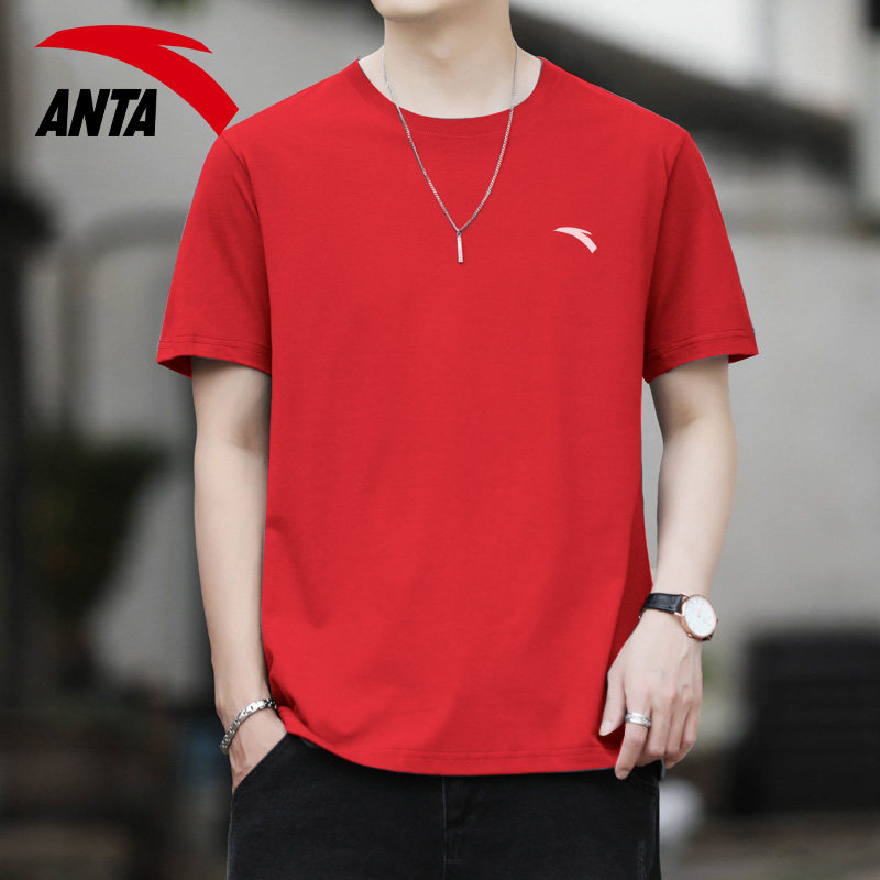 安踏红色短袖t恤男新款官方旗舰透气男士圆领运动健身冰丝速干衣