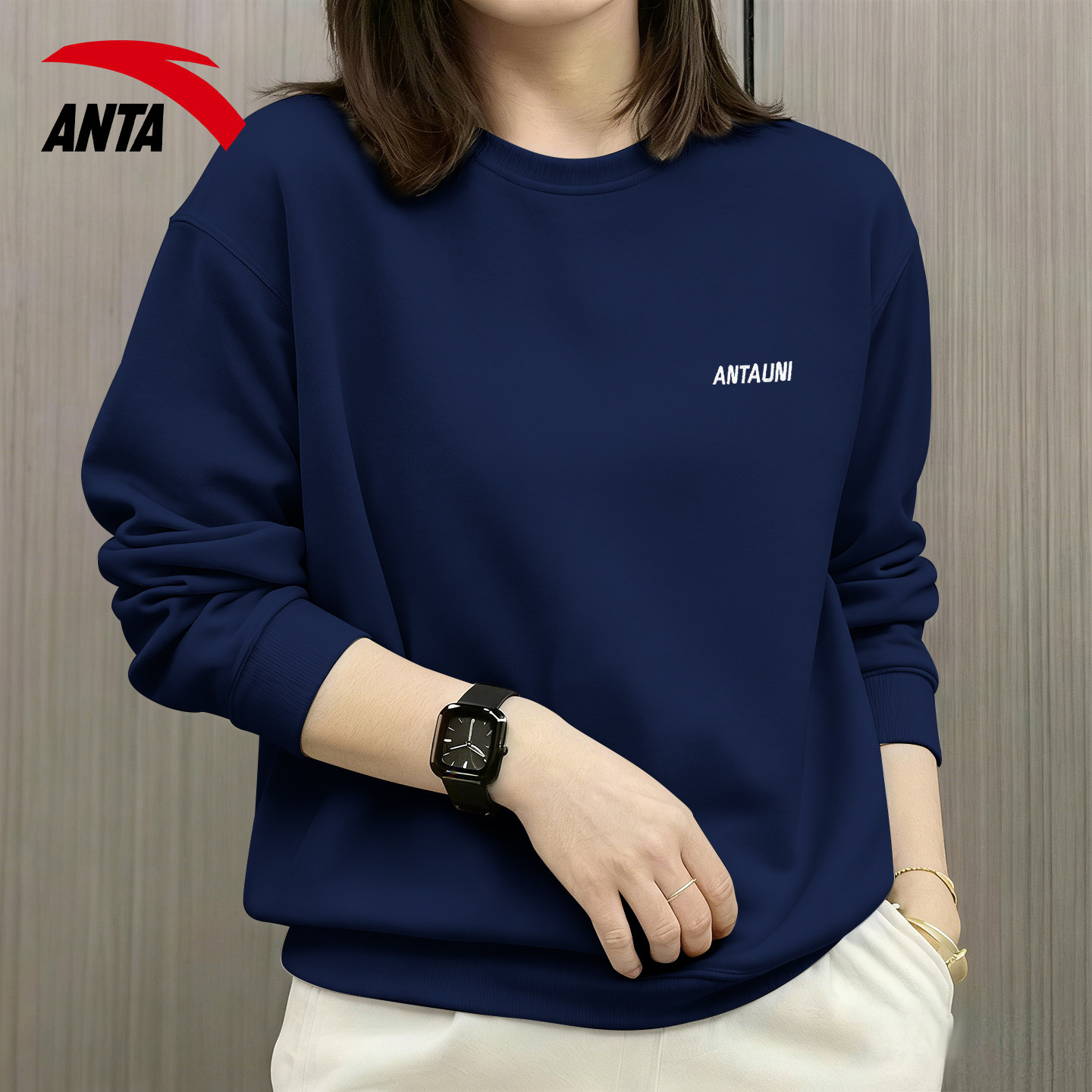 安踏卫衣女2026春季舒适运动跑步服女士圆领修身正肩蓝色长袖上衣