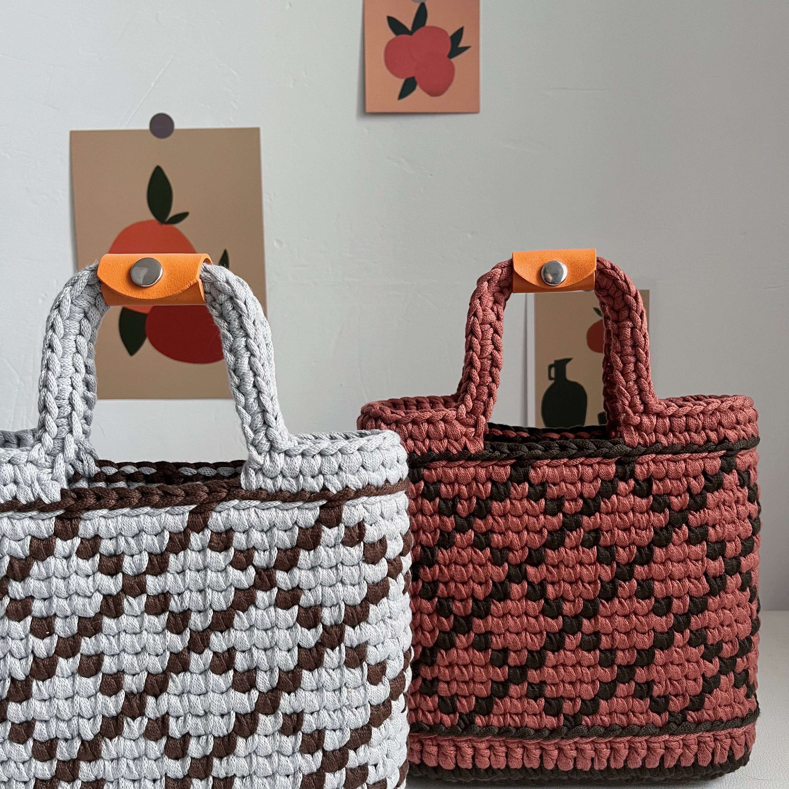 moon方圆棱形纹格子手提袋diy牛皮扣纱线编织钩针日系材料包包邮