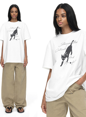 EMPTY PAGE白色蕾丝猫咪印花T恤夏季百搭宽松圆领短袖