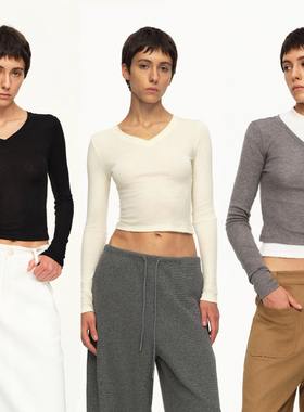 EMPTY PAGE 25秋冬 黑/灰/淡黄色薄款羊毛混纺V领T恤百搭打底衫