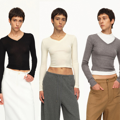 黑/灰/淡黄色羊毛混纺V领T恤