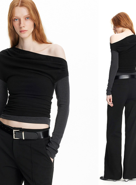 EMPTY PAGE  黑灰拼色斜肩T恤百搭修身显瘦露肩打底衫