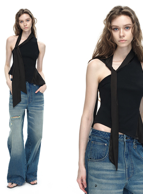 EMPTY PAGE黑色拼接斜肩背心女围脖飘带收腰单肩褶皱上衣