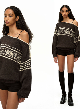 EMPTY PAGE 深灰/红/黑色露肩复古费尔岛雪花羊毛混纺毛衣