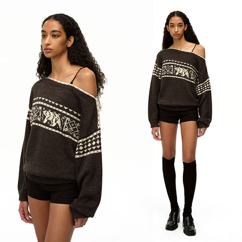 EMPTY PAGE 深灰/红/黑色露肩复古费尔岛雪花羊毛混纺毛衣