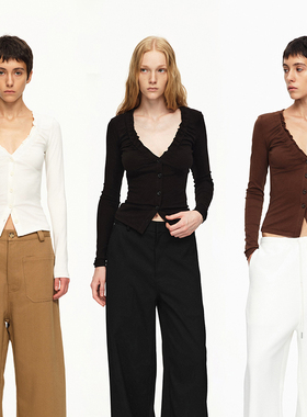 EMPTY PAGE 25秋冬 黑/白/咖啡色木耳花边V领T恤百搭弹力修身开衫