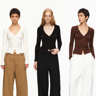 黑 25秋冬 白 咖啡色木耳花边V领T恤百搭弹力修身 EMPTY 开衫 PAGE