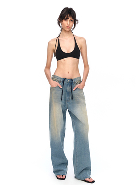 EMPTY PAGE蓝色水洗做旧抽绳牛仔裤