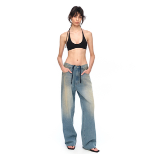 EMPTY PAGE蓝色水洗做旧抽绳牛仔裤