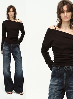 EMPTY PAGE黑色露肩斜肩修身弹力显瘦毛衣毛针织衫