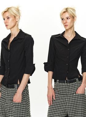 EMPTY PAGE黑色中袖短款衬衫