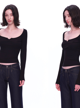 EMPTY PAGE 黑色坑条U领大开口T恤百搭修身弹力打底衫