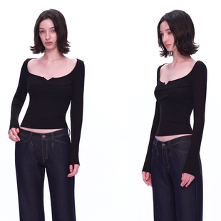 弹力打底衫 黑色坑条U领大开口T恤百搭修身 PAGE EMPTY