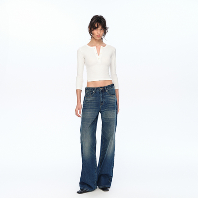 深蓝色直筒口袋拉链水洗百搭