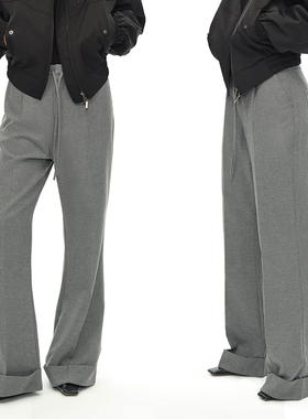 EMPTY PAGE 灰色羊毛混纺抽绳喇叭裤休闲裤