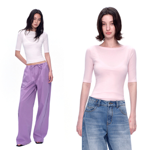 PAGE 弹力短袖 白 一字领T恤百搭修身 粉色莱赛尔假两件中袖 EMPTY