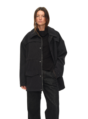 EMPTY PAGE 黑色中长款加厚抽绳风衣外套