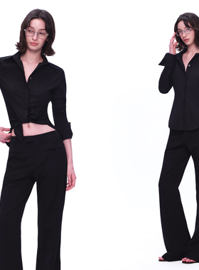 EMPTY PAGE 春夏黑色条纹修身衬衫极简百搭显瘦上衣