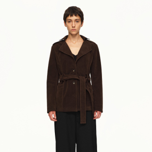 咖啡色麂皮修身 25秋冬 外套系带简约夹克风衣 PAGE EMPTY
