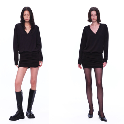 黑色深V长袖弹力褶皱包臀连衣裙