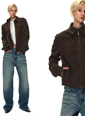 EMPTY PAGE咖啡色仿麂皮外套拉链休闲夹克