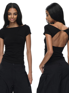 EMPTY PAGE黑/白一字肩露背T恤褶皱收腰修身显瘦短袖