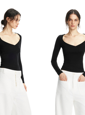 EMPTY PAGE 黑色大V领修身T恤百搭显瘦弹力打底衫