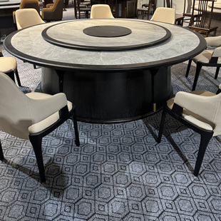 酒店包厢电动大圆桌别墅宴会多人位新中式实木岩板餐桌可装电磁炉