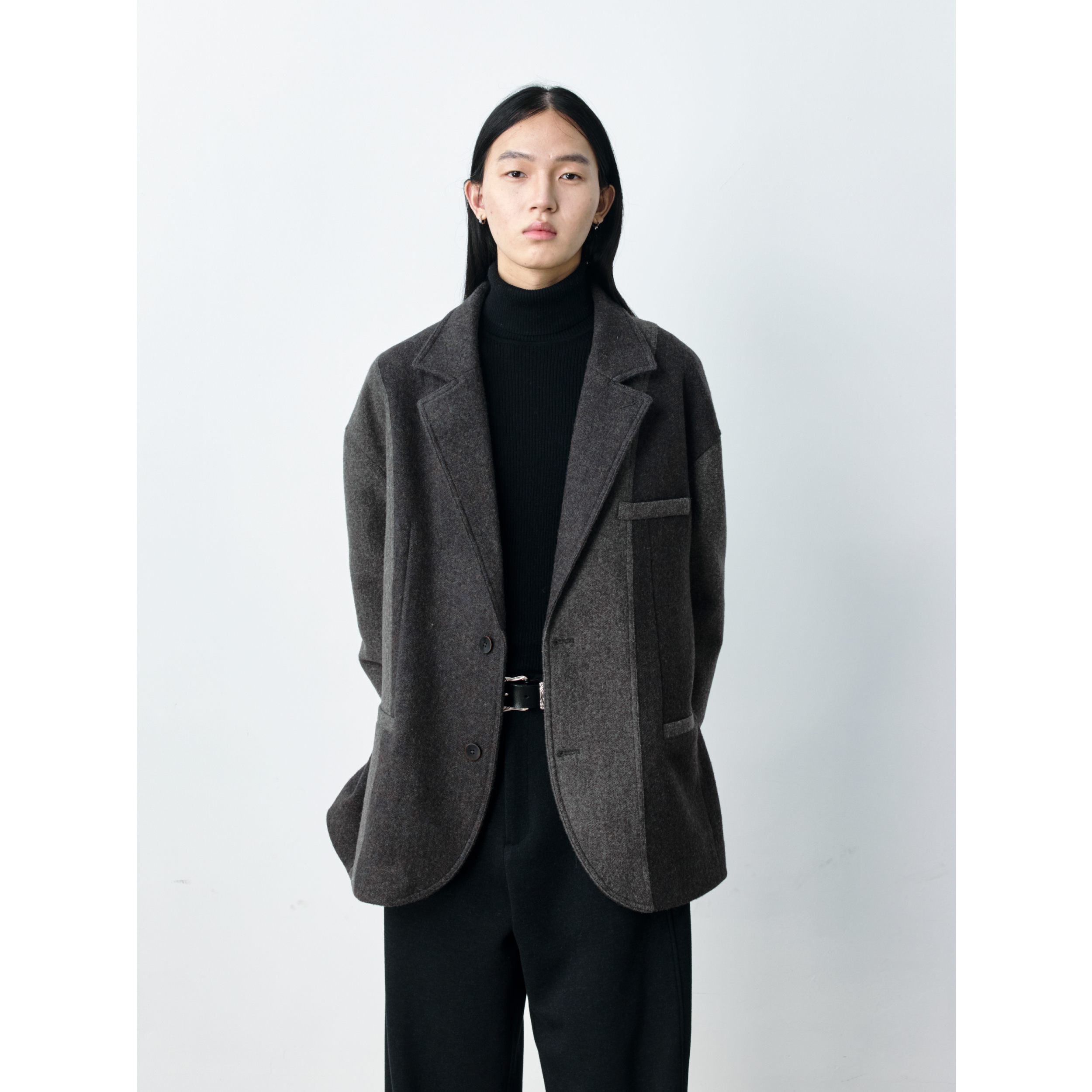 GRAINMUSTARD 「Color-Block Wool Blazer」 混色羊毛拼接长西装