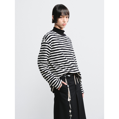 GRAINMUSTARD 复古极简条纹撞色拼接长袖T恤休闲百搭贴布上衣打底