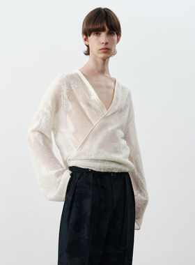 GRAINMUSTARD 婴儿羊驼镂空提花针织开衫复古绑带网纱裹袍外套