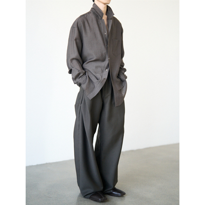 GRAINMUSTARD 深灰棕天丝羊毛混纺双层古巴领衬衫复古长袖衬衣